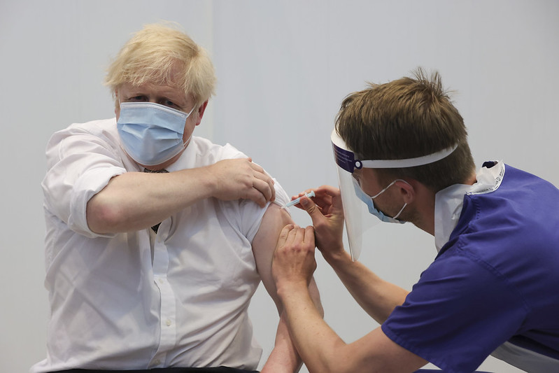The Prime Minister Boris Johnson visits the Francis Crick Vaccination Centre in central London, to have his second Covid-19 Vaccination Jab