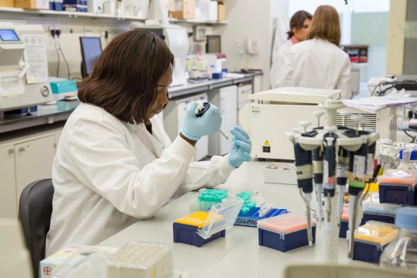 Image of scientist in a lab pipetting. Copyright UCL